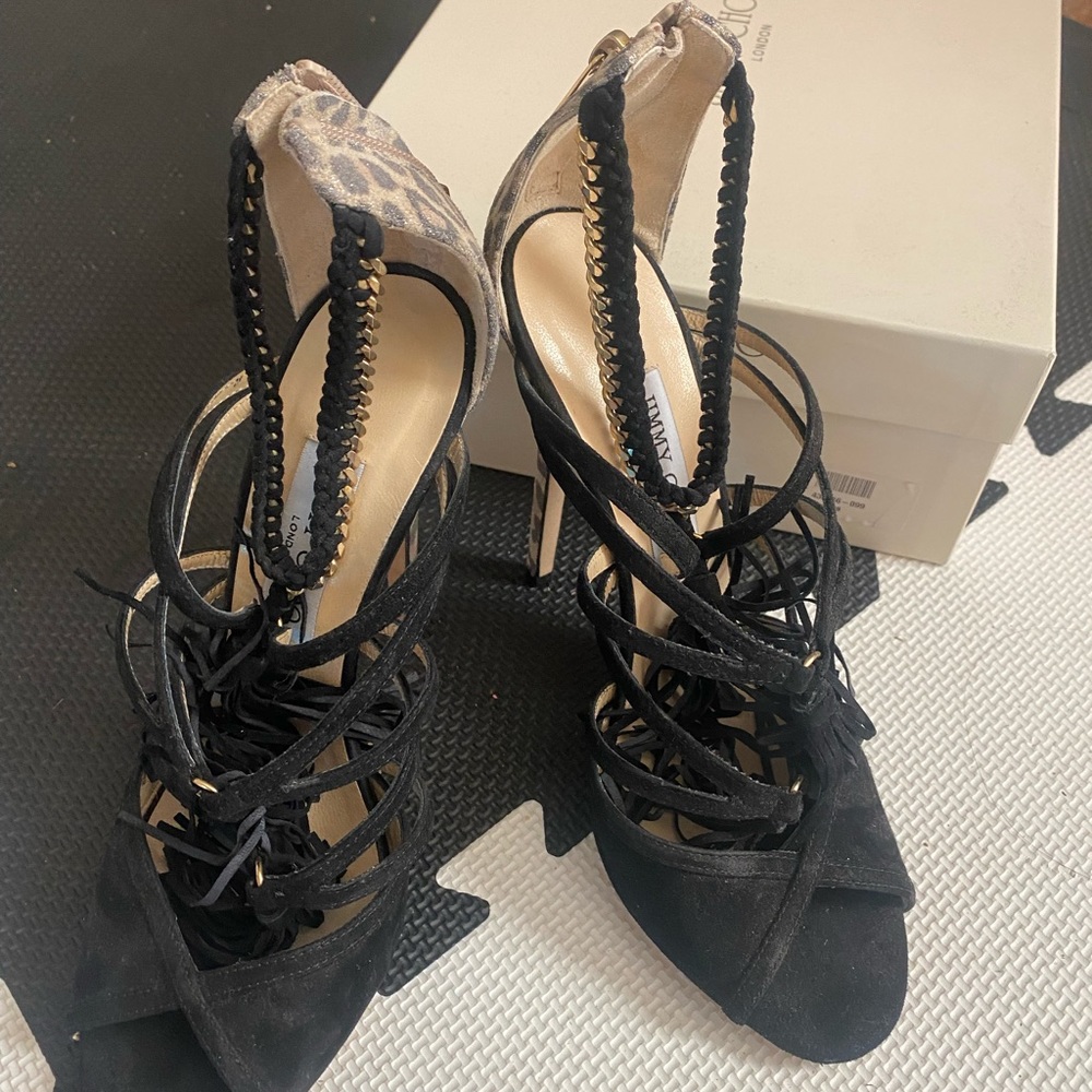 Jimmy Choo Black Tassel Sandals Peep Toe Strappy Leopard Print Stiletto Heels